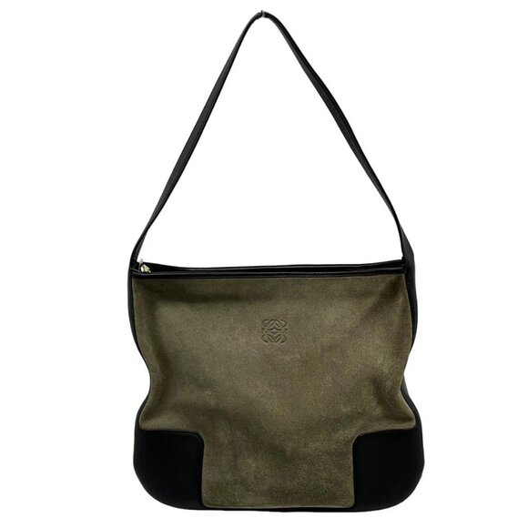 LOEWE Anagram Gray Black Suede Leather Shoulder Bag